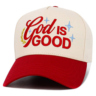 GOD IS GOOD Message Embroidered Baseball Cap: Beige,Red