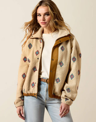 Women's Sherpa Blocked Jacket Southwest Embroidered Motif - 10062815