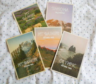 Mt Rainier Vintage Inspired Linen Style 4x6 Postcards : Large Title
