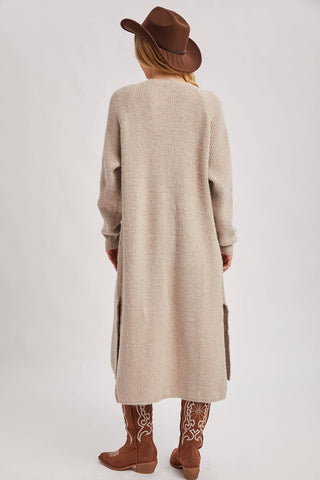 LONGLINE OPEN FRONT SIDE SLIT CARDIGAN: OATMEAL