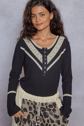 Long sleeve double gauze solid knit rib top: Black