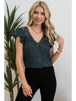 Eyelet Yoke V Neck Button Down Lace Trim Top