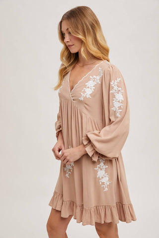 EMBROIDERED V-NECK RUFFLED DRESS: COCO
