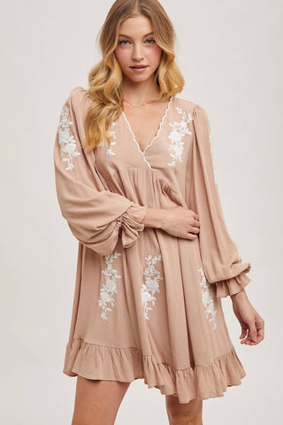 EMBROIDERED V-NECK RUFFLED DRESS: COCO