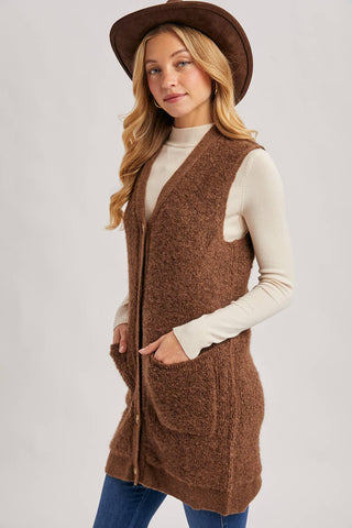 BUTTON DOWN V-NECK TEDDY KNIT LONG LINED VEST: DK.BROWN