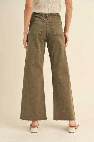 STRAIGHT WIDE LEG PANTS WITH FRONT POCKET: Washed Brown /