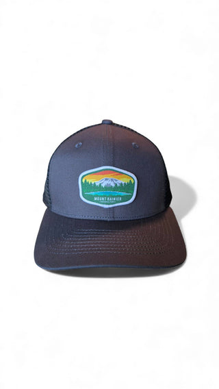 Mount Rainier National Park Snapback Trucker Hat w/ Patch: Black on Black Mesh