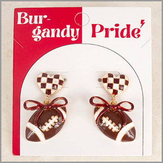 Burgandy and White Color Coated Heart with Bow & Football Gameday Stud 1.5" Earring