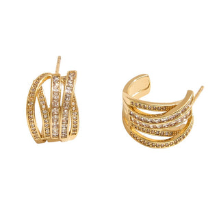 14K Gold Dipped CZ Stone Paved Layered Chunky Hoop Earrings: Gold