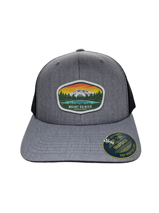 Mount Rainier National Park Snapback Trucker Hat w/ Patch: Black on Black Mesh