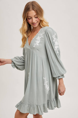 EMBROIDERED V-NECK RUFFLED DRESS: COCO