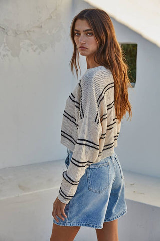 Knit Polyester Double Striped Long Sleeve Top: Cream Black