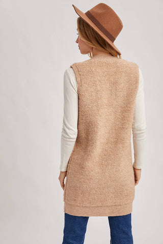 BUTTON DOWN V-NECK TEDDY KNIT LONG LINED VEST: DK.BROWN