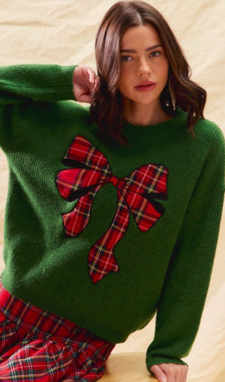 Green Bow Plaid Holiday Sweater