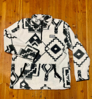 Hooey Ladies Fleece Pullover, White Fleece with Black Aztec Pattern All Over