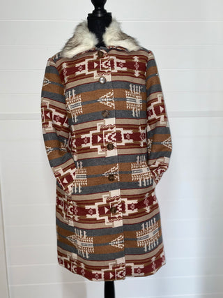 Aztec Wool Blend Coat with Removable Fur Collar