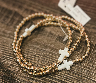 Opal & Gold Cross Stretch Bracelet Set