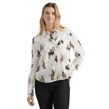 Women's Retro Rodeo Cowboy Print Long Sleeve Snap Rodeo Blouse