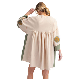 Women's Embroidered Poly Linen Woven Dress - Khaki Olive