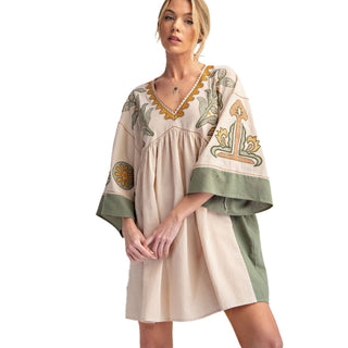 Women's Embroidered Poly Linen Woven Dress - Khaki Olive