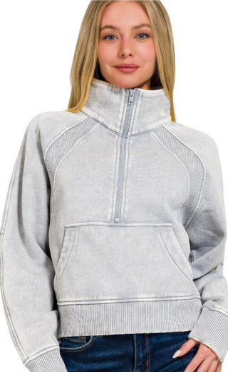 Acid Washed Half Zip Fleece Pullover Kangaroo Sleet