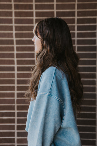 Blue Grey Acid Wash French Terry Pullover