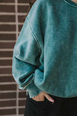 Dark Green Acid Wash French Terry Pullover