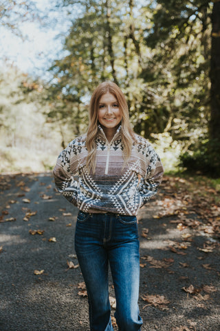 Aztec Printed Henley Woven Pullover Top-Black/Cream