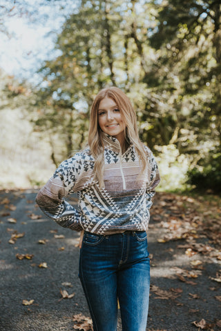 Aztec Printed Henley Woven Pullover Top-Black/Cream