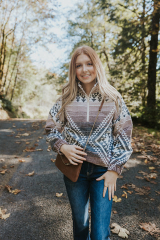 Aztec Printed Henley Woven Pullover Top-Black/Cream