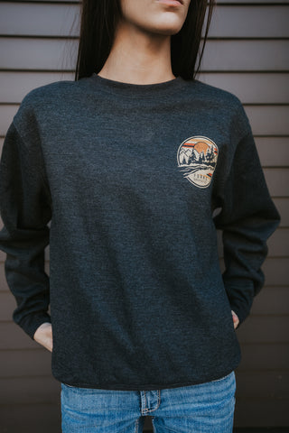 Forks, WA Distressed Mountain Sunset Crewneck Sweater