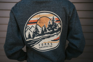 Forks, WA Distressed Mountain Sunset Crewneck Sweater