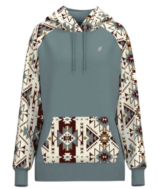 Summit Hooey Ladies Blue Hoody with Cream / Burgundy Aztec Pattern on Sleeves Hood and Pocket with Kangaroo Pocket & Internal Phone Pocket