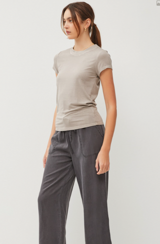 Classic, Ribbed, Crew Neck Tee- Grey Brown