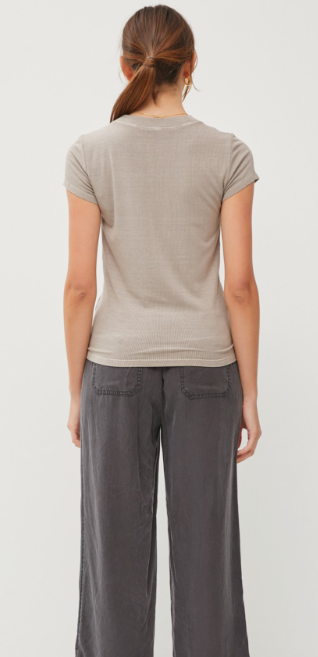 Classic, Ribbed, Crew Neck Tee- Grey Brown