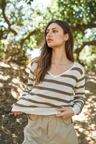 Striped Crocheted Olive Sweater