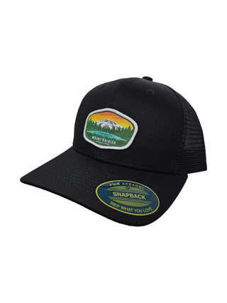 Mount Rainier National Park Snapback Trucker Hat w/ Patch: Brown on Khaki