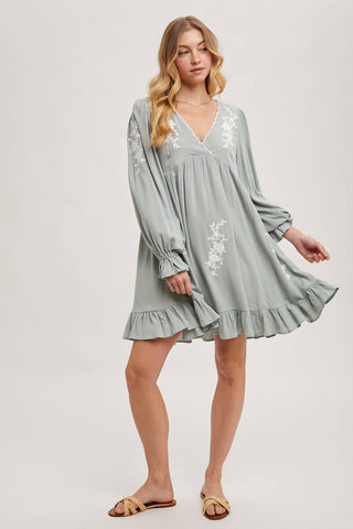 EMBROIDERED V-NECK RUFFLED DRESS: COCO