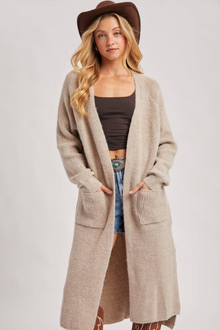 LONGLINE OPEN FRONT SIDE SLIT CARDIGAN: OATMEAL