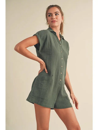 Olive Cotton Gauze Button Romper