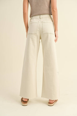 STRAIGHT WIDE LEG PANTS WITH FRONT POCKET: Washed Brown /