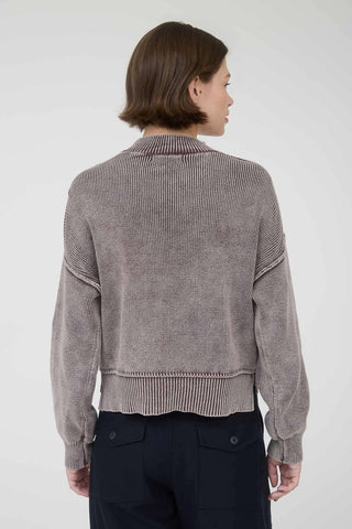 WASHED MOCK NECK LONG SLEEVE KNIT PULLOVER SWEATER: PLUM