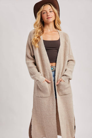 LONGLINE OPEN FRONT SIDE SLIT CARDIGAN: OATMEAL