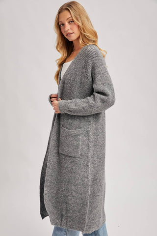 LONGLINE OPEN FRONT SIDE SLIT CARDIGAN: CHARCOAL