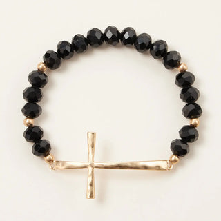 Cross Charm Glass Beaded Bracelet Black