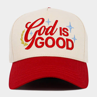 GOD IS GOOD Message Embroidered Baseball Cap: Beige,Red