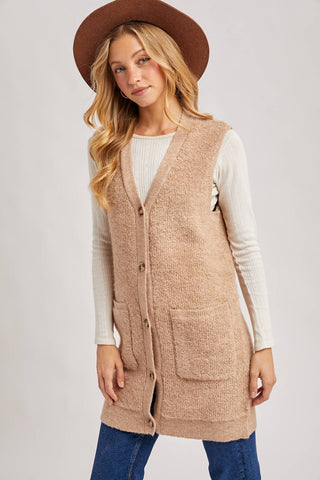BUTTON DOWN V-NECK TEDDY KNIT LONG LINED VEST: DK.BROWN