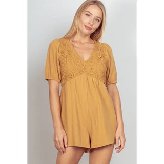 Lace Detail Puff Sleeve Solid Woven Romper - Camel