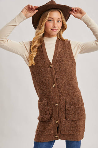 BUTTON DOWN V-NECK TEDDY KNIT LONG LINED VEST: DK.BROWN