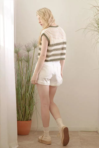 Striped Short Sleeve Cropped Crocheted Top